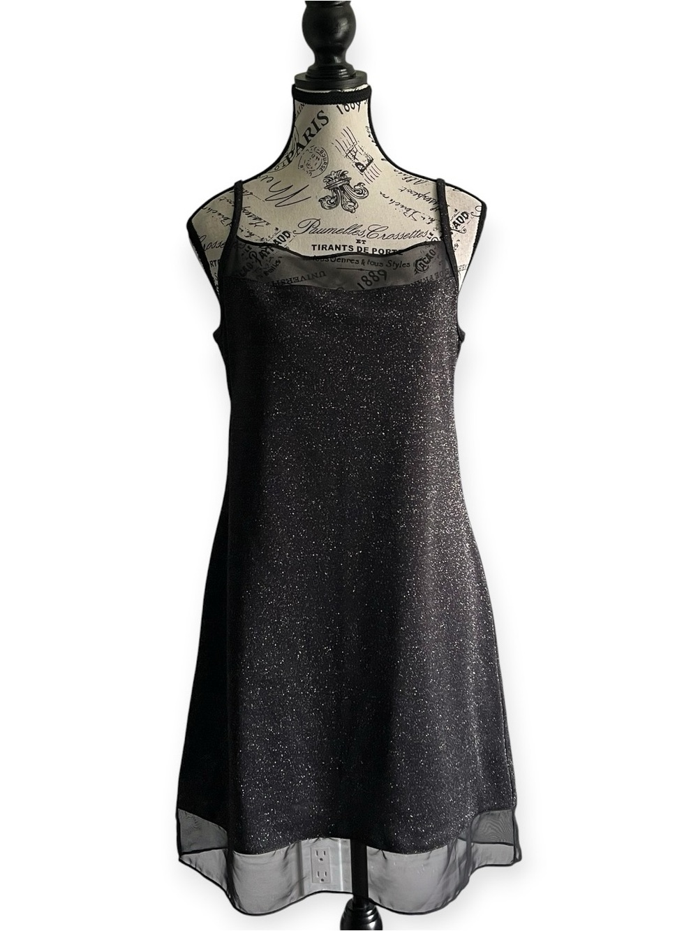 VINTAGE 90s Y2K Black Glitter Sparkle Slip Mini Dress Sheer Mesh Hem Soft Goth
